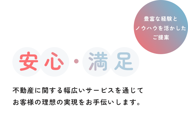 安心・満足 不動産に関する幅広いサービスを通じてお客様の理想の実現をお手伝いします。